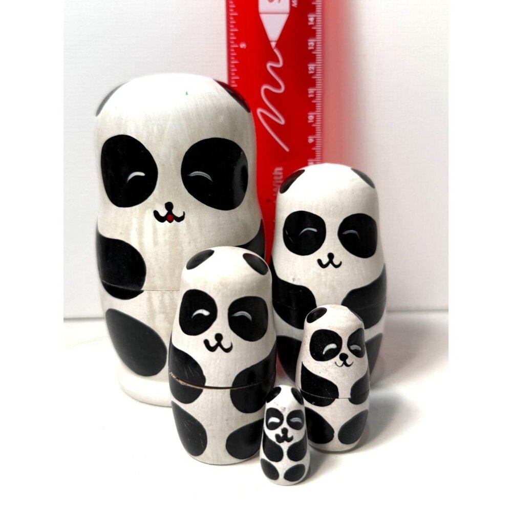 Nesting Panda Bear Family Wooden Doll Statues - Picture 7 of 8